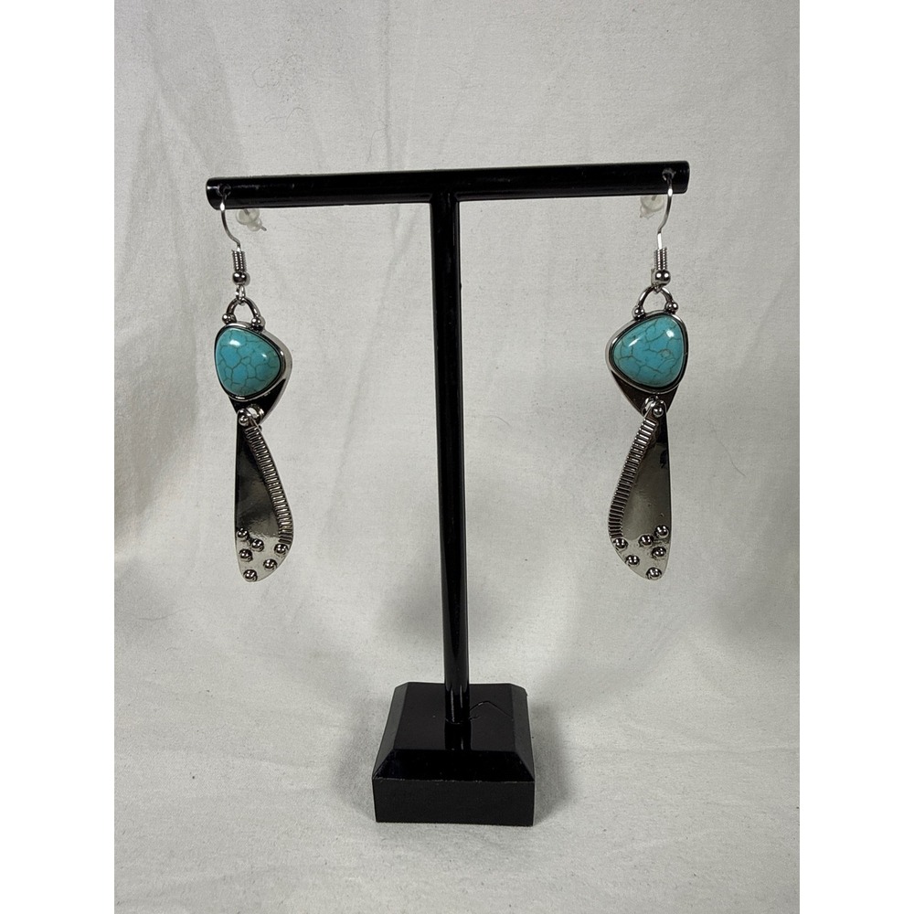 Faux Turquoise Silver Tone Southwestern Boho Geometric Dangle Drop Earrings